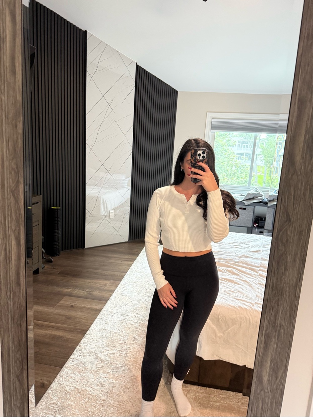 Brandy Melville White Cropped Henley Long Sleeve Top